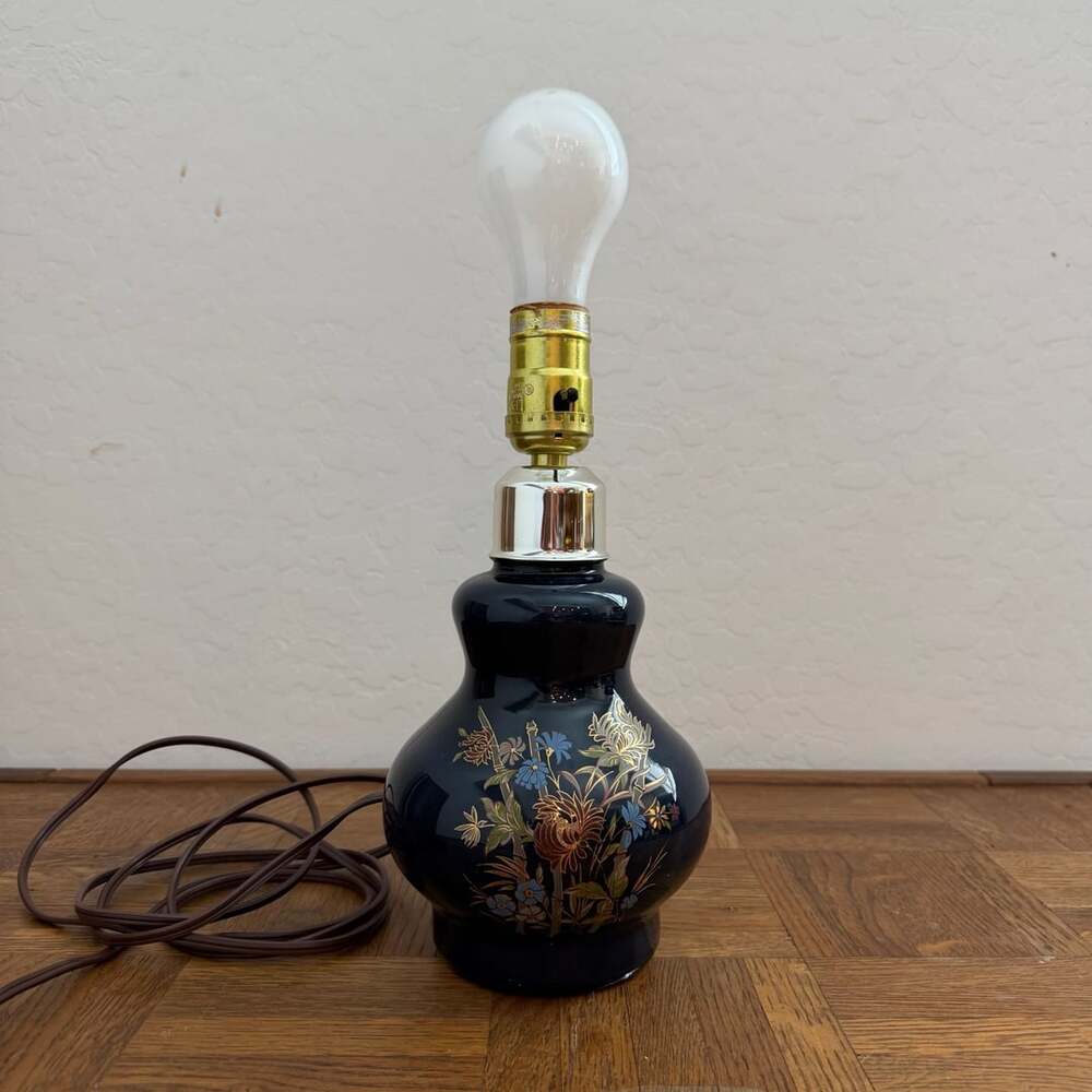 Vintage Leviton Electric Table Lamp Dark Blue Ceramic Vase with Floral Design